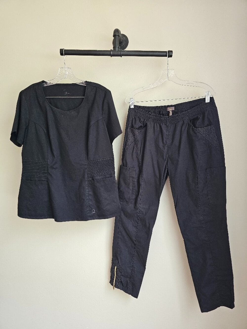 Jaanuu Black Moto Style Scrub Set Top XL Pants Large